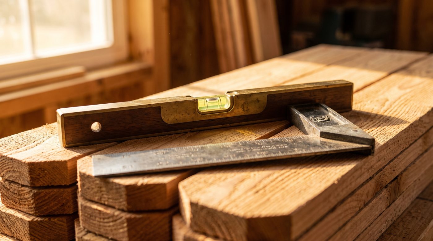 Spirit level and carpenter square on cedar fence pickets