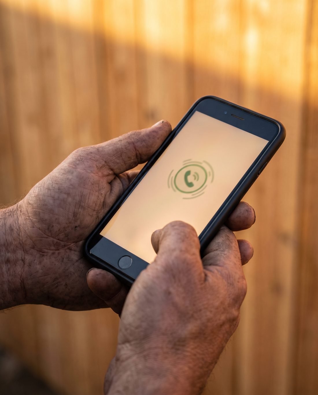 Contractor hands holding a ringing phone in front of a cedar fence