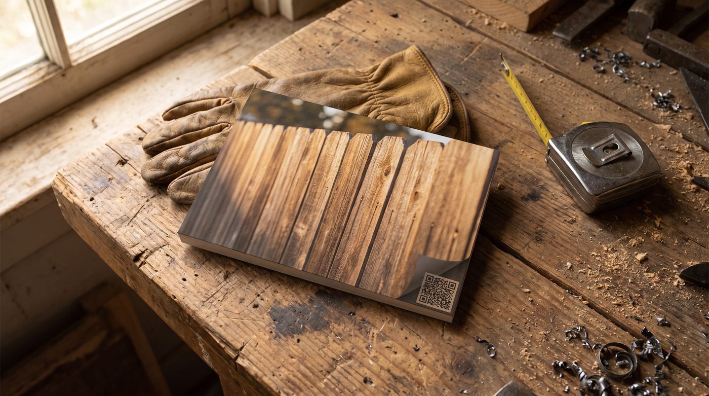 Stonegate Sites postcard with QR code on a workbench
